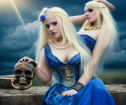 Very sensual gorgeous curvy young white woman blonde hair maiden dressed in blue posing sensually with plaits, and with a skull in her hand, background of ancient marble Roman arcs heavenly sunshine beams divine bright soft focus holy in the clouds steampunk engine steampunk engine.