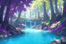 a beautiful scene of a forest in the distance with very purple trees and a blue shimmering river going down the forest the sky is an orangey pink