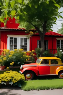 a simple moderen house,in front of small garden,many flowers,wood fence beside a mango tree.in front of the moderen red car.