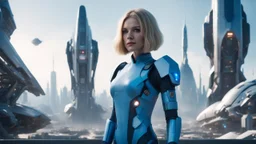 A full-body photograph of a young, slender woman with blond shoulder-length bob hair in a blue jumpsuit, standing in a futuristic cityscape with advanced spacecraft behind them, with a huge android in a huge metal exosuit with a helmet standing guard beside her.