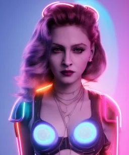 Artist, young madonna, ciborg woman, glow iris, piercings, sweet, pop hair, blonde, white skin, long eyeliner, glow pink cheeks, glossy lips, color leds lights, cables, circuits, cyberpunk, latex coat, cyber punk, neon, portrait, studio photo, unreal engine 5, soft color, 16 bit, god lights, ray tracing, RTX, lumen lighting, ultra deatail, volumetric lighting, 3d, finely drawn, hd.