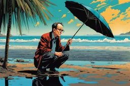 amazing reflections, wonderful textures, perfect skin, dynamic, cinematic, dramatic, deep low angle: legendary SF author William Gibson crouching on a polluted littered Japanese nuclear beach under parasol, round eyeglasses, puddle, summer vibe, Akira vibe, Katsuhiro Otomo style, bold vivid colors, sharp shadows, black outlines, very detailed, intricate