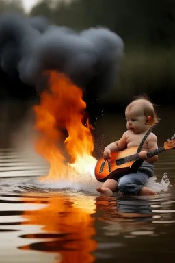 Baby and fire smoke and water and play gitare