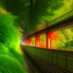 trainspotting, on a bridge through the seasons, hills and trees, motion blur, 8k, downlight, soft light, depth of field, photorealism, trending on art station, lotsa detail