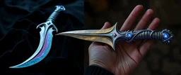 "A fantasy dagger inspired by a squid's tentacles, designed like a talon. The blade is curved and organic, shimmering with iridescent colors like deep-sea creatures. Its handle resembles a coiled squid arm, with tiny suckers and subtle bioluminescent patterns glowing in blues and purples. The overall design looks both ancient and alien, like a relic from an underwater civilization. The dagger is displayed on dark velvet or held by a gloved hand."