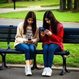 "two teenage girls sitting on different park benches texting on cell phones, moody, profound, dramatic, photorealistic