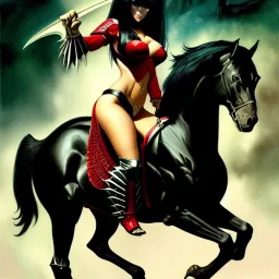 ultra detailed portrait of beautiful Vampirella Riding a black horse,wearing plate armor, extremely detailed digital painting, in the style of FRANK FRAZETTA and Earl Norem and fenghua zhong and ruan jia and jeremy lipking and peter mohrbacher, mystical colors, rim light, beautiful lighting, 8 k, stunning scene, raytracing