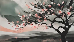 a garden before imminent storm, strong wind, a peach tree blossom petals blown in the wind, minimal acrylic and ink, (tint leaks:1.6), dark grey and dull green and peach blossom colors, harsh contrasts, windy dynamics