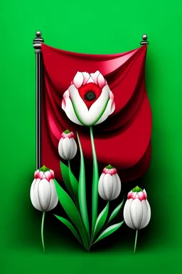 The flag of the Islamic Republic of Iran with red tulips