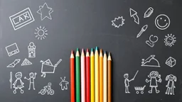 Blackboard design with a bunch of colored pencils in the middle of the image and children's drawings on a light blue background