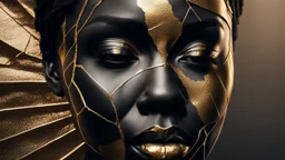 a beautiful black woman face made of kintsugi seam, photo realistic, 16K