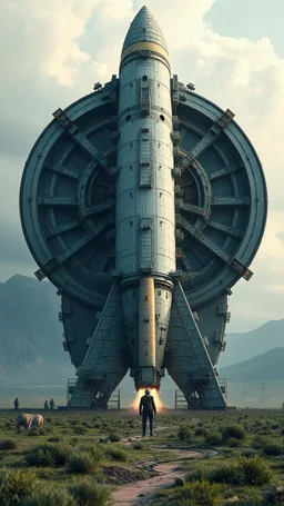 Unrealistic . Imaginative. Unique. Photorealistic. interpretations. Distinct . Natural beauty . Highly Symmetry. Highly Detailed. Intricate. Mystery. Puzzle. Illusion. Dystopian. Colossal.starship rocket landed on the field Aliens are working around it to fix it