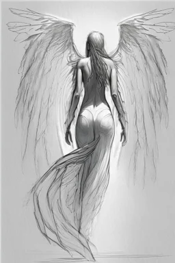 full body woman angel from back wings coming from her back, wearing long tunic ultra realistic sketch