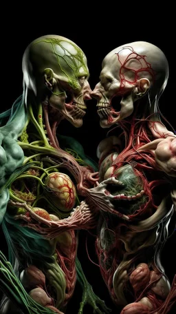 cinematic gore photorealistic fleshy dmt lsd photo of 2 conjoined mangled twisted entangled bodies making love, 1 soul vortex, complementary, anatomically fragmented, ripped apart again being flayed, skinned alive. A beating heart, muscles, blood vessels, bowels, entrails are exposed. anatomy. physiology. Bosch and Dali inspired hallucinations. mythology. grotesque.