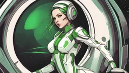 CYBER GIRL IN SPACE SHIP, SCI-FI STYLE, WHITE AND GREEN COLORS