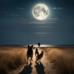 A woma and Irish Sutter dog are iwalking in the field leading to the beach under a full moon,