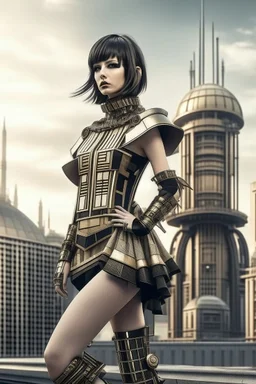 full body picture of a woman with a bob, a fringe hairstyle, Cleopatra clothing futuristic steampunk, city background