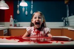 wide hd photo of a little rare girl, full body, smiling with her mouth open lying on the table in a medical context at the dentist. blood from her mouth stains her short white dress, room midle underwater,