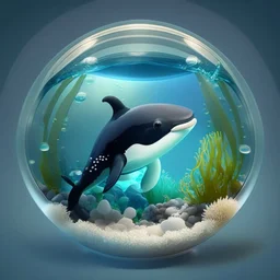 A cute little orca in a small circular fish tank.