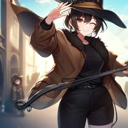 Clear focus, High resolution, short brown spiky hair, hair between eyes, eyes closed, wearing a brown detective hat, wearing a brown jacket and a black shirt, wearing black shorts, 1girl, pulling hat down, smiling, wearing a oversized jacket