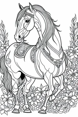 outline art for horse coloring pages with horse and flowers, white background, Sketch style, full body, only use outline, clean line art, white background, no shadows and clear and well outlined