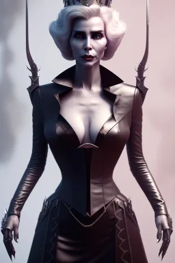 Constance Langdon as evil queen in black leather, leather, busty, cleavage, angry, stern look. character design by cory loftis, fenghua zhong, ryohei hase, ismail inceoglu and ruan jia. unreal engine 5, artistic lighting, highly detailed, photorealistic, fantasy