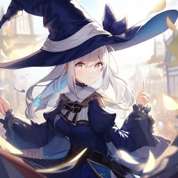 Clear focus, High resolution, medium length hair, white cyan hair, cyan eyes, wearing a witch uniform, Sighing, wearing a medium skirt