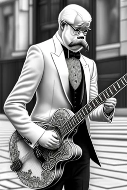 One single mature budgerigar wearing tuxedo, playing guitar in the street , Vienna, mourning, model style, hyper realistic, extremely accurate, delicate, extremely detailed, Graphic novel style, wide-angle, open aperture, superfine pencil