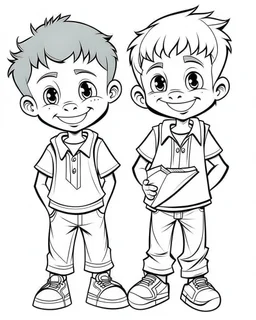 black American two young boys study kids coloring pages, white face no black color, full white, kids style, white background, whole body, Sketch style, full body (((((white background))))), only use the outline., cartoon style, line art, coloring book, clean line art, white background, Sketch style