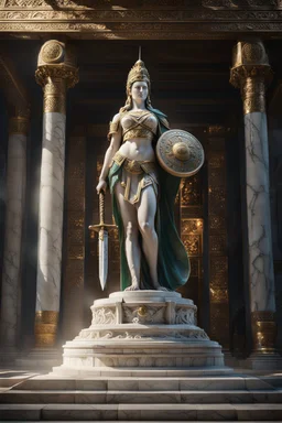 highly detailed marble and jade statue on a plint of the goddess of war. She is clad in plate mail, caries a roman spear in her left hand and a shield in her right hand. stunning body. full body shot, Hyperrealism, breathtaking, ultra realistic, unreal engine, ultra detailed, volumetric fog, cinematic lighting, , stunning temple environment