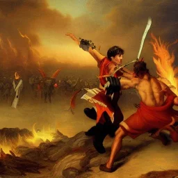 Priest smites demon with fire, armies battling in the background, romanticism.