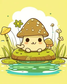 magical kawaii mushroom with a big, frowning mouth and droopy eyes, sitting on a lake log in a quiet and peaceful lake, lost in its own thoughts, high details, forest background, cute, kawaii, style coloring cover for adults, ultra reality