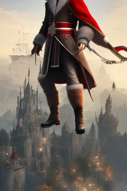 Santa Cruz with long Beard in red assassin Creed clothes, standing on roof, high details, cool 1800 city background,