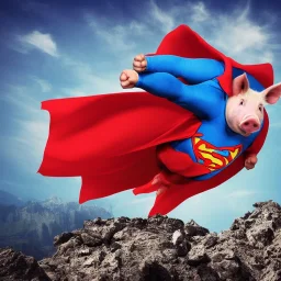 pig with superman cape on top of a mountain, realistic