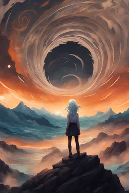 Book cover art. The sky is full of spirals. A 20 year old girl with silver hair is standing on a mountain surrounded by an ocean. She is wearing modern attire.