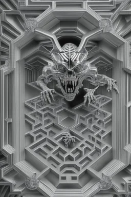 hexagon chrome labyrinth featuring gargoyle skeleton in the style of escher, 8k, trending art