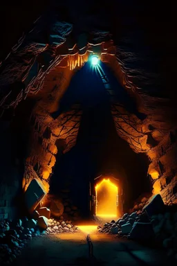 Glowing entrance to a scary mine at night