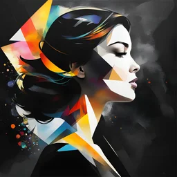 a woman's profile in black superimposed on a small limited abstract geometric sunlight on a black background, professional digital painting, large ribbons painted with vibrant watercolor paint made with short wide brushstrokes