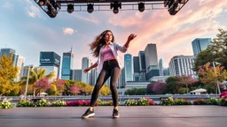 beautiful lady with makeup in pants and pretty shirt curvy long hair sport shoes dancing in a open stage in a modern city cnter,modern city escape at dintant ,flowers and trees ,pretty clouds