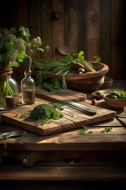 A rustic wooden cutting board, aged oak surface textured with knife marks, surrounded by vintage kitchen tools and fresh garden herbs cascading off the edges, positioned on a rough farmhouse table, ambient warm light casting soft shadows, still life photography, high dynamic range, rich earth tones.