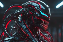 Cyber Machine in 4k realistic cg artstyle, venom them, neon red details, full body, apocalypse, intricate details, highly detailed, high details, detailed portrait, masterpiece,ultra detailed,best quality