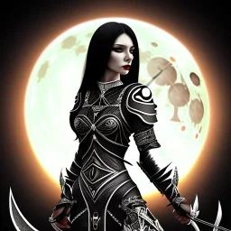 black hair lady warrior top with blade under the Moon