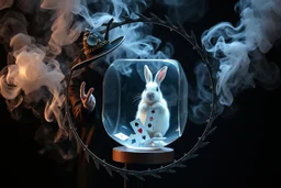 ai magic show presentation wow effect smoke bunnies awesome awesome yoga magician with scary hat on awake within a dream inside a circular saw blade Alice in wonderland and cards and bunny inside a big transparent dice all contained within a circle that has only black outside