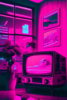 An TV set, shiny, neon pink light, frontal shot, window behind it, flying cars outside, cyperpunk