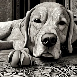 a black and white 3D image of a light brown labrador lying down, surreal and otherworldly, intricate linework, mind-bending composition, intricate patterns in the fur,masterful use of light and shadow,masterful use of light and shadow,masterful use of light and shadow, dreamlike quality, detailed linework akin to Moebius, intricate details, vibrant and contrasting colors, Artstation for showcasing.