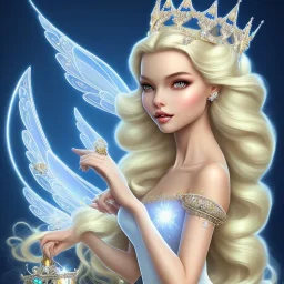 Snow white, beautiful, soft, smiling, very straight and long blonde hair, dewy and shiny vibe, diamond crown, long fairy wings in the back, full head