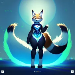 A fox fursona, Furry art, Digital art, cyberpunk, High quality, Backlighting, female, anthropomorphic, full body portrait, 8k resolution, fox tail, Realistic, high quality, great details, within portrait, masterpiece, best quality, cinematic lighting, detailed outfit, vibrant colors, perfect eyes, furry, human body, robotic arm, sfw, robotic, in the style of titanfall, highly detailed face, perfectly drawn