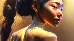 beautyfull asiatic woman, art by kiera malone photography, concept art modern photorealistic, in the style of , Artstation, sunlight, Unreal Engine sharp fine details trending on artstation reflections 4k ultra realistic post-processing A detailed illustration of a beautiful young female human with growing out of her back. Her skin, hair and face are all made of paint. Her wings are spread. Front view. Highly detailed flawless facial features and eyes. Abstract Oil painting splash art. White ba