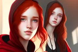 A beautiful young woman with brown eyes and shoulder length red hair wearing a black hoodie.