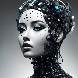a close up of a person's face with dots on it, digital art, by Jason Benjamin, digital art, portrait of a mechanical girl, (coherent 1.5) (vector art 1.6), retro computer graphics, fractal human silhouette, robotic bust, side profile artwork, a cyborg meditating, modern - art - vector